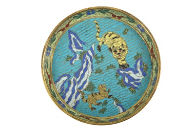 Lot 285 - A CHINESE CLOISONNE ENAMEL CIRCULAR 'TIGER' DISH.
