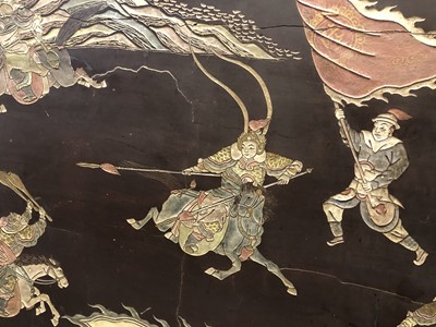 Lot 273 - A CHINESE COROMANDEL LACQUER 'WARRIORS' PANEL.