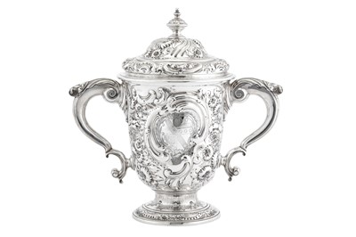 Lot 473 - Viscount Falkland - A George II sterling silver twin handled cup and cover, London 1749 by William Cripps (reg. 31st Aug 1743)