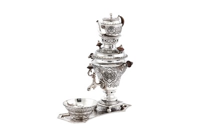 Lot 211 - A mid-20th century Iranian (Persian) silver samovar set, Isfahan circa 1960 mark of Abbas Afzali, retailed by Bibyayi
