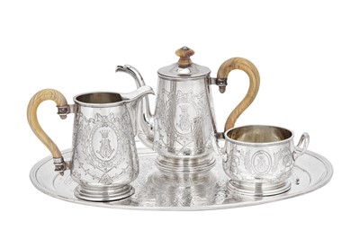 Lot 216 - A late 19th century Austrian 800 standard silver bachelor three-piece coffee set on tray, Vienna circa 1880 by Joseph Carl Klinkosch (b. 1822, master 1843, d. 1888)