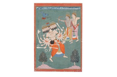 Lot 371 - AN ILLUSTRATION TO A RAMAYANA SERIES: RAMA AND LAKSHMANA DEFEATING THE EVIL KING RAVANA