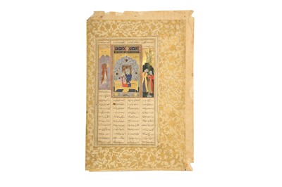 Lot 46 - AN ILLUSTRATED LOOSE FOLIO FROM A SHAHNAMA: MEHRAB AND HIS WIFE SINDOKHT ON A THRONE