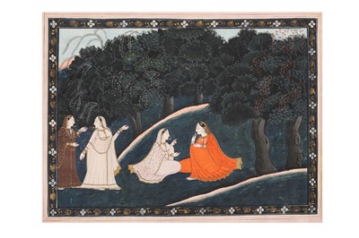 Lot 360 - AN ILLUSTRATION TO A GITA GOVINDA SERIES: RADHA AND THE GOPIS IN CONVERSATION AT NIGHT