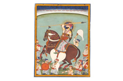 Lot 374 - AN EQUESTRIAN PORTRAIT OF MAHARAO RAM SINGH OF BUNDI (r. 1821 - 1889)
