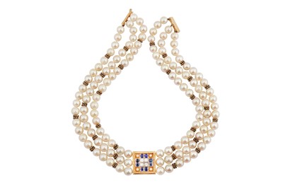 Lot 1266 - A cultured pearl, sapphire and diamond necklace