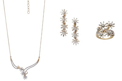 Lot 1274 - A gold and diamond necklace, ring and earring suite
