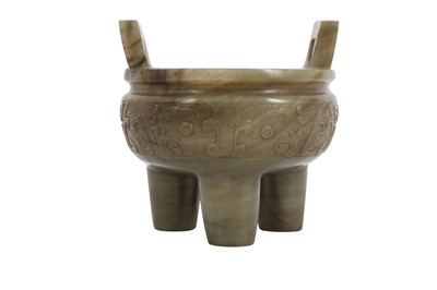 Lot 608 - A CHINESE CARVED JADE TRIPOD INCENSE BURNER.
