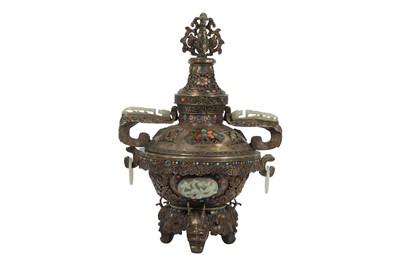 Lot 510 - A CHINESE JADE AND HARSTONE INSET WHITE METAL INCENSE BURNER.