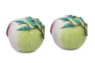 Lot 606 - A PAIR OF LARGE CHINESE GLAZED MODELS OF PEACHES.