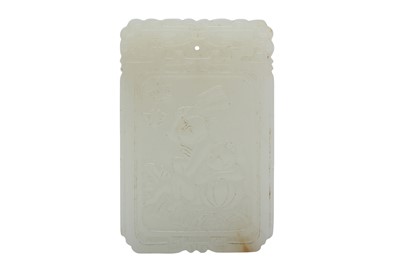 Lot 480 - A CHINESE PALE CELADON JADE RECTANGULAR 'BOYS' PLAQUE.