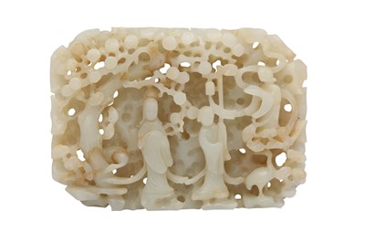 Lot 477 - A CHINESE PALE CELADON JADE 'IMMORTALS' CARVING.