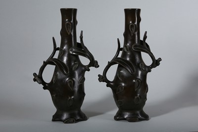 Lot 16 - A PAIR OF CHINESE BRONZE 'PRUNUS TREE' VASES.