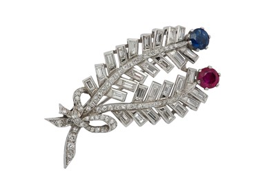 Lot 1299 - A ruby, sapphire and diamond brooch, circa 1965