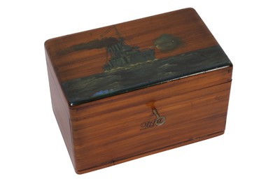 Lot 109 - A WWI PRISONER OF WAR NAVAL INTEREST PAINTED WOODEN CUFFLINK BOX