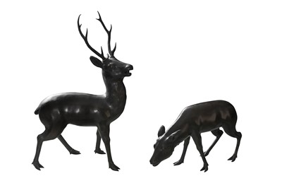 Lot 146 - AN IMPRESSIVE PAIR OF NEAR LIFE SIZED JAPANESE BRONZE DEER