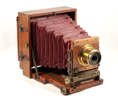 Lot 51 - Brass Bound Lancaster Half Plate Field Camera with Maroon Bellows