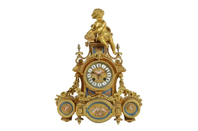 Lot 192 - A MID 19TH CENTURY FRENCH GILT BRONZE AND PORCELAIN MOUNTED FIGURAL MANTEL CLOCK