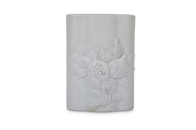 Lot 558 - A CHINESE WHITE BISCUIT 'POMEGRANATES' BRUSHPOT, BITONG.