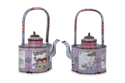 Lot 245 - A PAIR OF CHINESE FAMILLE ROSE CANTON ENAMEL WINE EWERS AND COVERS.