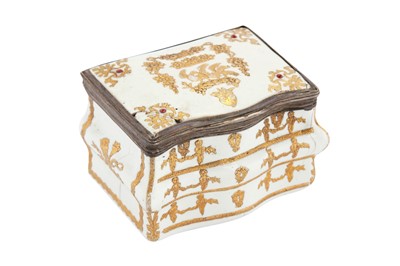 Lot 84 - A mid-18th century German enamel novelty bonbonniere or snuff box, Berlin circa 1750 probably by Fromery, with Louis XV French silver mounts Pairs 1744-50