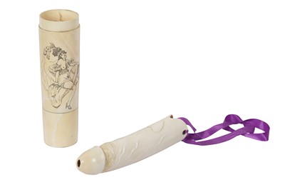 Lot 84 - A LATE 19TH / EARLY 20TH CENTURY CARVED IVORY PHALLUS AND CASE, PROBABLY FRENCH