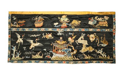 Lot 378 - A CHINESE BLACK-GROUND EMBROIDERED SILK ALTAR HANGING.