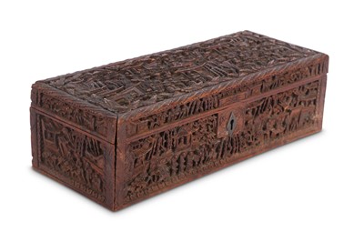 Lot 487 - A CHINESE CANTON CARVED WOOD BOX.