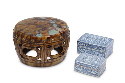 Lot 726 - TWO CHINESE RECTANGULAR BLUE AND WHITE BOXES AND COVERS.