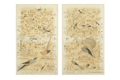 Lot 380 - A PAIR OF CHINESE EMBROIDERED SILK 'HUNDRED BIRDS' TEXTILE PANELS.
