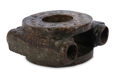 Lot 654 - A CHINESE BROWN JADE DOUBLE BI AND CONG.
