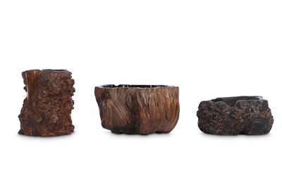 Lot 749 - TWO CHINESE ROOT WOOD WASHERS AND BRUSH POT.