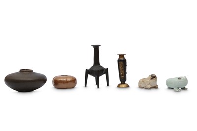 Lot 748 - FOUR CHINESE CERAMIC WATER POTS AND TWO INCENSE HOLDERS.