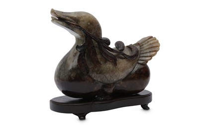 Lot 593 - A CHINESE PALE CELADON JADE 'DUCK' CARVING.