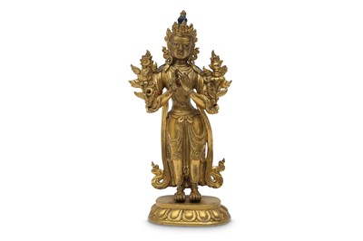 Lot 414 - A SINO-TIBETAN GILT-BRONZE FIGURE OF BUDDHA MAITREIA.
