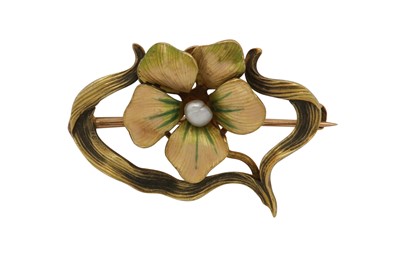 Lot 1208 - An Art Nouveau enamel and pearl brooch, circa 1910