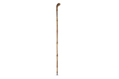 Lot 356 - λ A CHINESE MOTHER OF PEARL-INLAID RHINOCEROS HORN WALKING STICK.