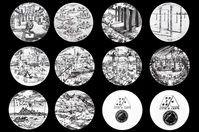 Lot 132 - PIERO FORNASETTI, ITALY, (1913-1988): 

"CITY OF CARDS" ten plates, 1980’s (designed 1950’s)