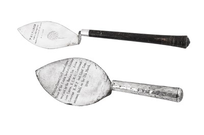 Lot 351 - TWO LATE 19TH CENTURY INDIAN COLONIAL UNMARKED SILVER PRESENTATION TROWELS