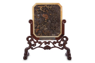 Lot 600 - A CHINESE CARVED SOAPSTONE TABLE SCREEN.