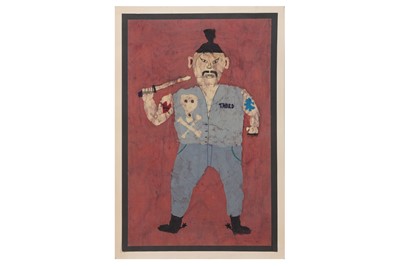 Lot 163 - A 20TH CENTURY PRIMITIVE SCHOOL PAINTING OF A BIKER OR PUNK