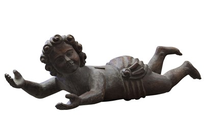 Lot 131 - A LARGE CARVED WOODEN CHERUB FIGURE