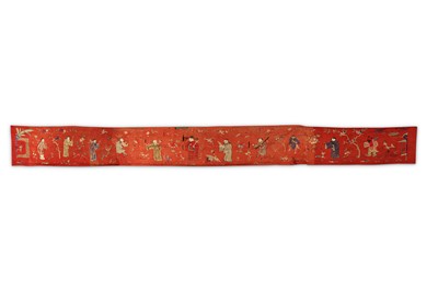 Lot 649 - A CHINESE RED-GROUND EMBROIDERED SILK PANEL.