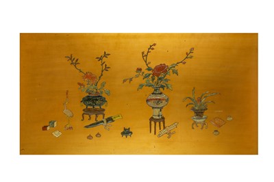 Lot 653 - λ A CHINESE HARDSTONE-INLAID ‘PRECIOUS OBJECTS’ WOOD PANEL.