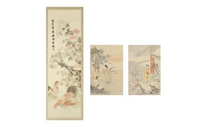 Lot 529 - A PAIR OF CHINESE PAINTINGS OF LADIES AND AN EMBROIDERED PANEL.