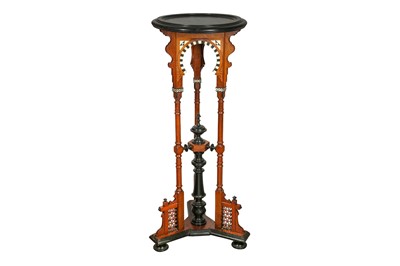 Lot 853 - λ AN ORIENTALIST IVORY AND MOTHER-OF-PEARL-INLAID WOODEN HIGH STAND