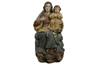 Lot 550 - A LARGE BAROQUE STYLE CARVED WOOD AND POLYCHROME DECORATED FIGURE OF THE MADONNA AND CHILD