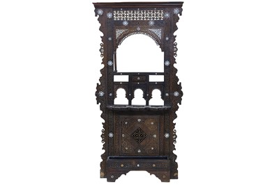 Lot 851 - λ A CARVED HARDWOOD MOTHER-OF-PEARL AND BONE-INLAID SYRIAN WALL PANEL