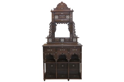 Lot 836 - λ A CARVED HARDWOOD BONE-INLAID SYRIAN HANGING MIRROR AND CUPBOARD