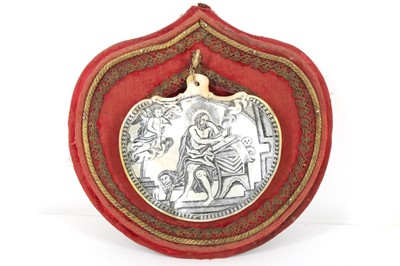 Lot 880 - λ AN ENGRAVED MOTHER-OF-PEARL SHELL PLAQUE WITH THE ICON OF ST. MARK